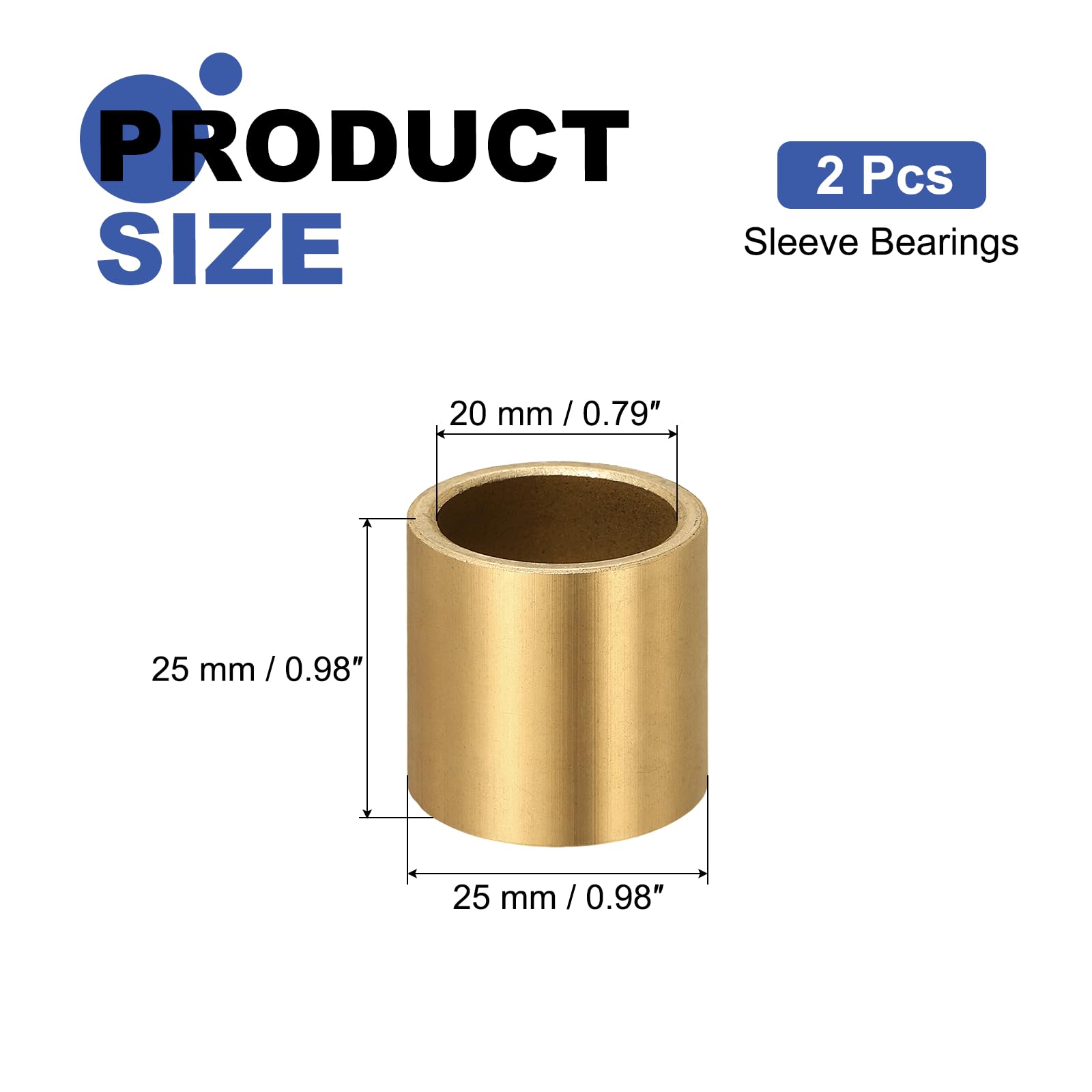 sourcing map Lot de 2 roulements à douille, alésage de 20 mm x 25 mm de diamètre extérieur x 25 mm de longueur, bagues auto-lubrifiantes en bronze fritté