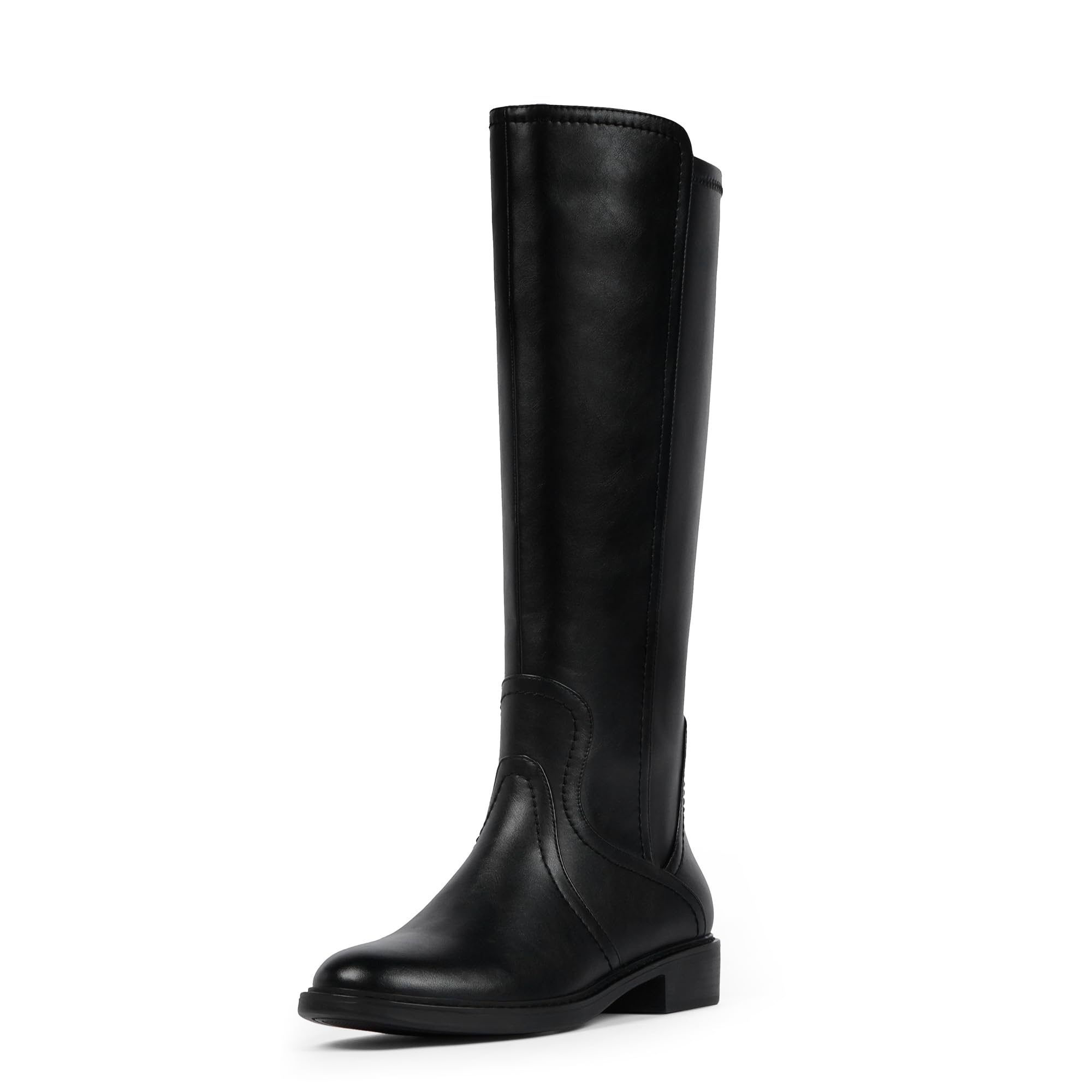 Knee High Boots Women Faux Leather Elastic Boots Low Heel Round Toe Side Zipper Fall Long Tall Boots