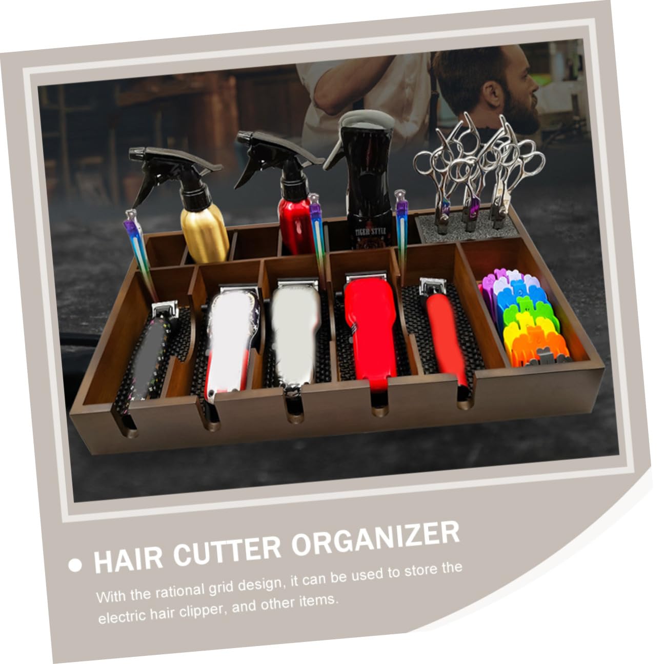 ULTECHNOVO Plateau pour Tondeuse de Barbier en Bois Grosse Capacité et Design à Grille Rationnelle, Organise Efficacement les Outils un Salon de Coiffure