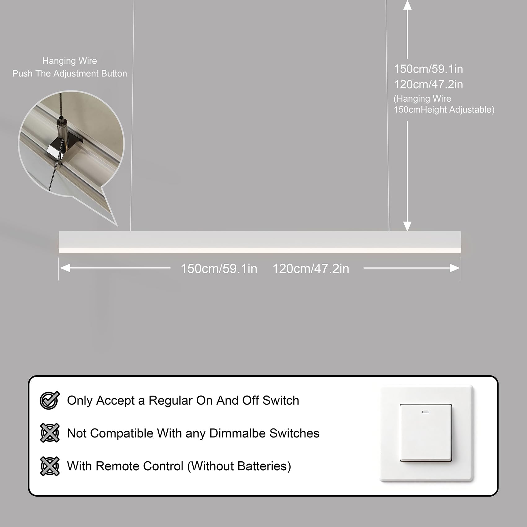 Lámpara LED Lineal Colgante Moderna, 150cm (60W) / 120cm (36W), Luz de Techo para Oficina y Comedor, Iluminación Profesional (Blanco,1200mm,3000K-5700K)