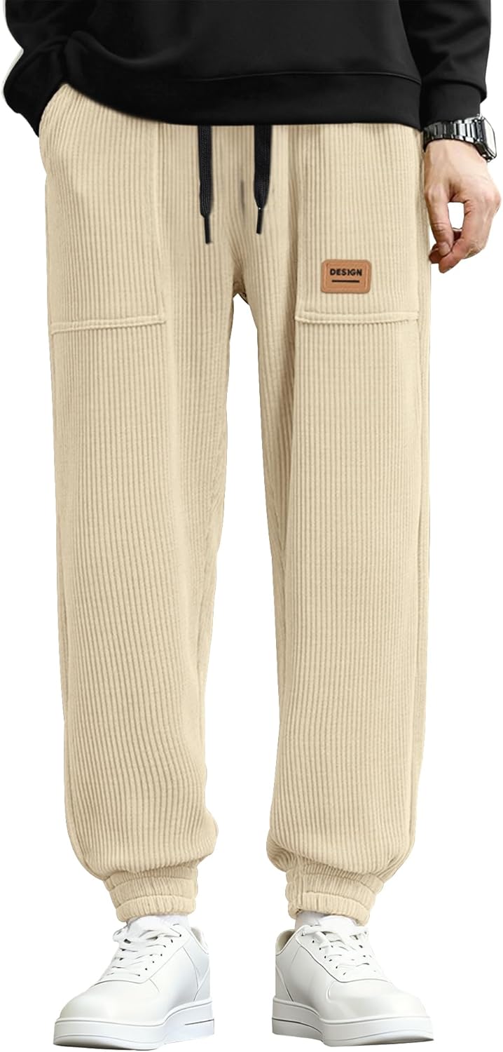 PLEPAN Mens Spring Corduroy Pants Casual Cargo Joggers Tapered Baggy Sweatpants Drawstring Elastic Waist Pants with Pockets - Image 2