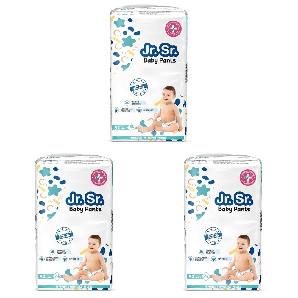 jr. sr. baby diaper pants | extra large (xl) size (12-17 kg), 52 count | pack of 3 | upto 12 hr absorption with advanced leak protection | safe for babies skin | soft, secure & comfy