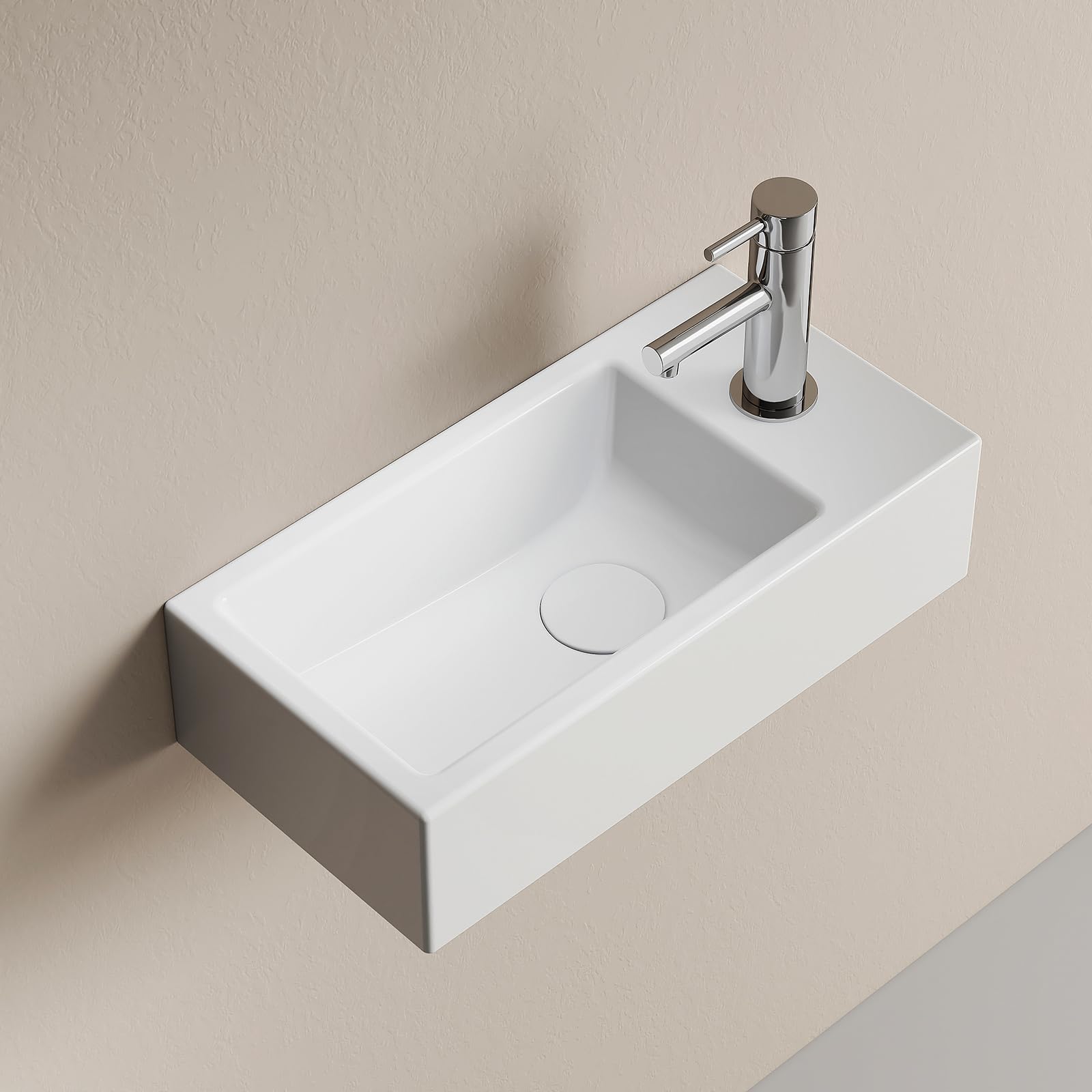 EMKE Lavabo Sospeso 405 x 205 x 105 mm – Lavabo Compatto ed Elegante per Piccoli Bagni e WC Ospiti – Rubinetto a Destra, Installazione a Parete,Bianco Lucido