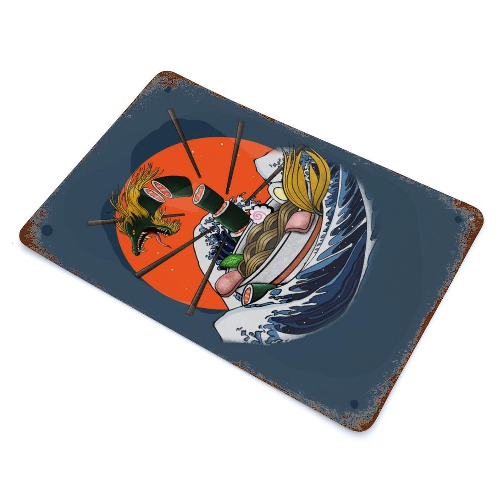 Retro Metal Sign with Sushi Dragon Ramen Design 11.8"x7.9", for Office, Studio And Wall Decor, Retro Wall Decor