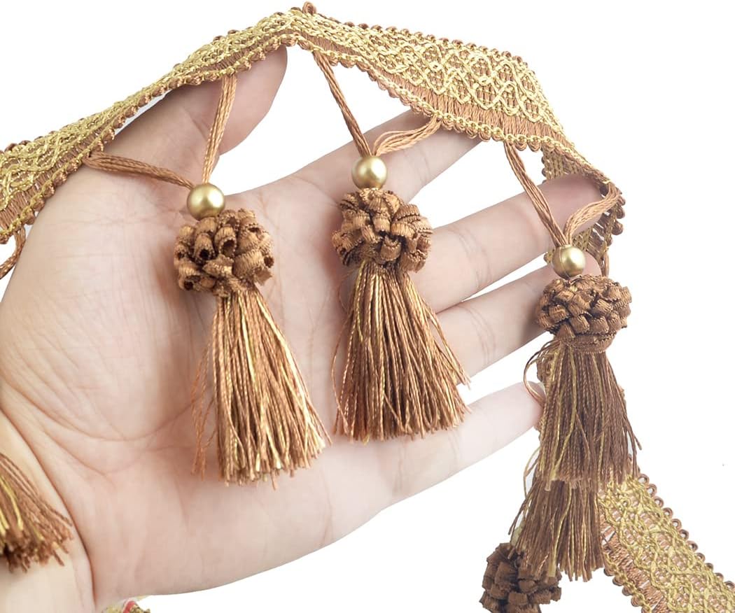 Fringe Tassel Lace Trim 12.5 Yards Braided Hanging Beads Handwork DIY Craft Sewing Accessory Lace for Home Curtain Table Decoration (Dark Coffee with Yellow)