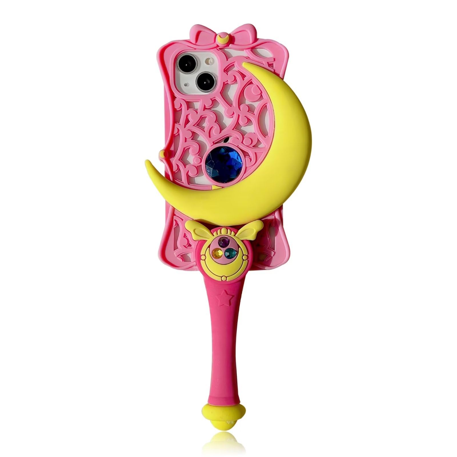 TanMaySuper Cute Soft Silicone Case for iPhone 14 (6.1 inch),Kawaii Yellow Moon Crystal Wand Hot Pink Color 3D Cartoon Magic Magical Phone case for Kids Women Girls