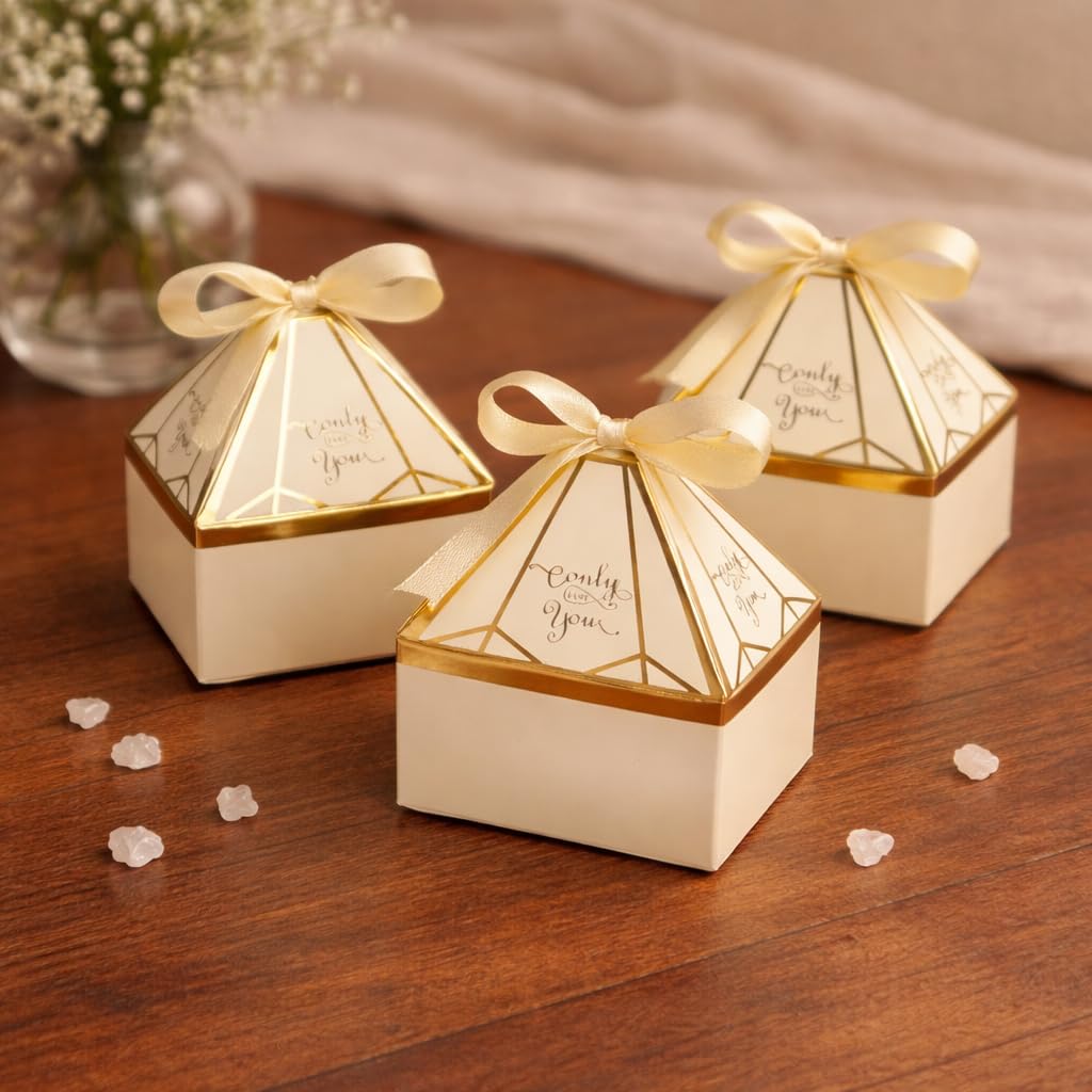 SATYAM KRAFT 20 Pcs Small Diamond-Shaped Paper Folding Gift Boxes with Ribbon | Off White Return Gift Boxes for Wedding, Birthday, Engagement, Chocolate & Dry Fruit Packing-image-28