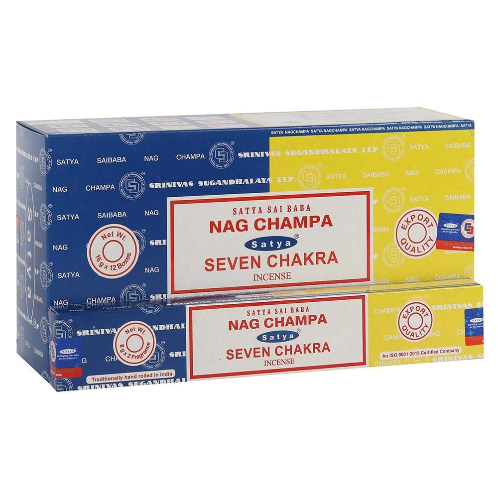 Satya 01333 Nag Champa & Seven Chakra Combo Set of Incense Sticks, 12 Packs x 16g, Multi, One Size
