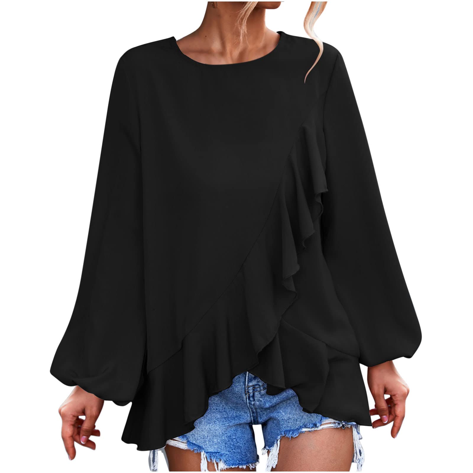 Summer Tops Cute USA Flowy Loose Graphic Loose Workout Summer Crop Cami Blouses Loose Blouses Solid Top Ruffle Long Sleeves Chiffon Tops Trendy Tulle Tube Polluver Tops