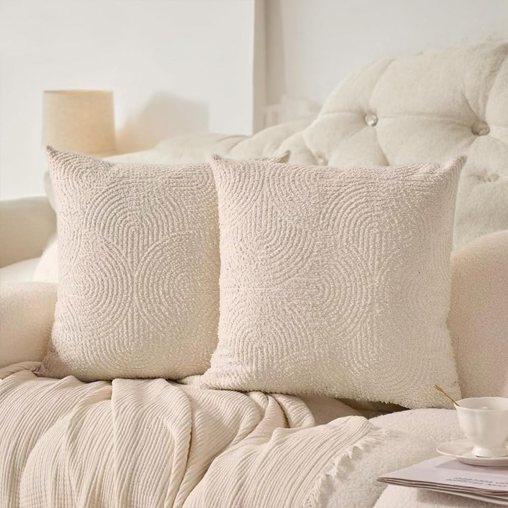 2 Pack Boho Chenille Throw Pillow Covers Jacquard Square Pillow Cases for Couch Sofa Bed Living Room, 18x18 Inch
