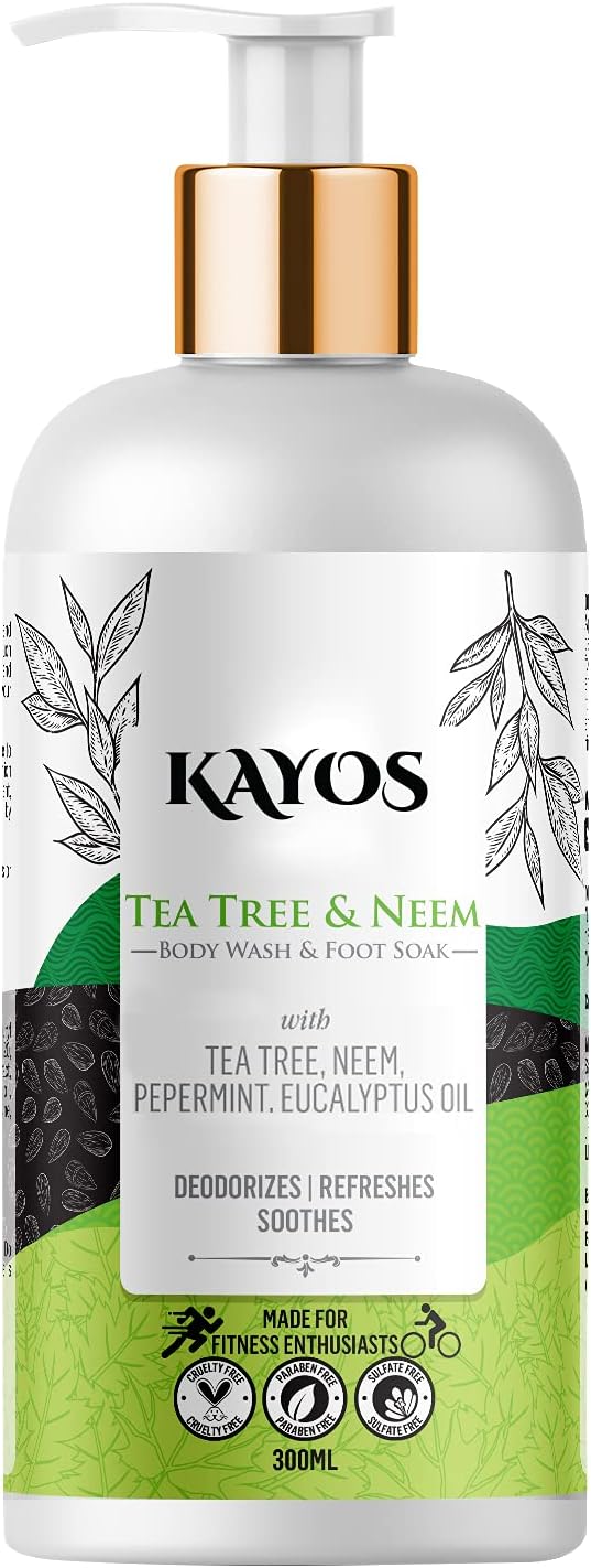 Kayos - Tea Tree & Neem Body Wash (300ml) | Contains Pure Tea Tree Oil, Neem Oil, Peppermint Oil, Aloe Vera | Foot Soak for Body Odour | Natural Ingredients, Sulphate & Paraben Free Shower Gel