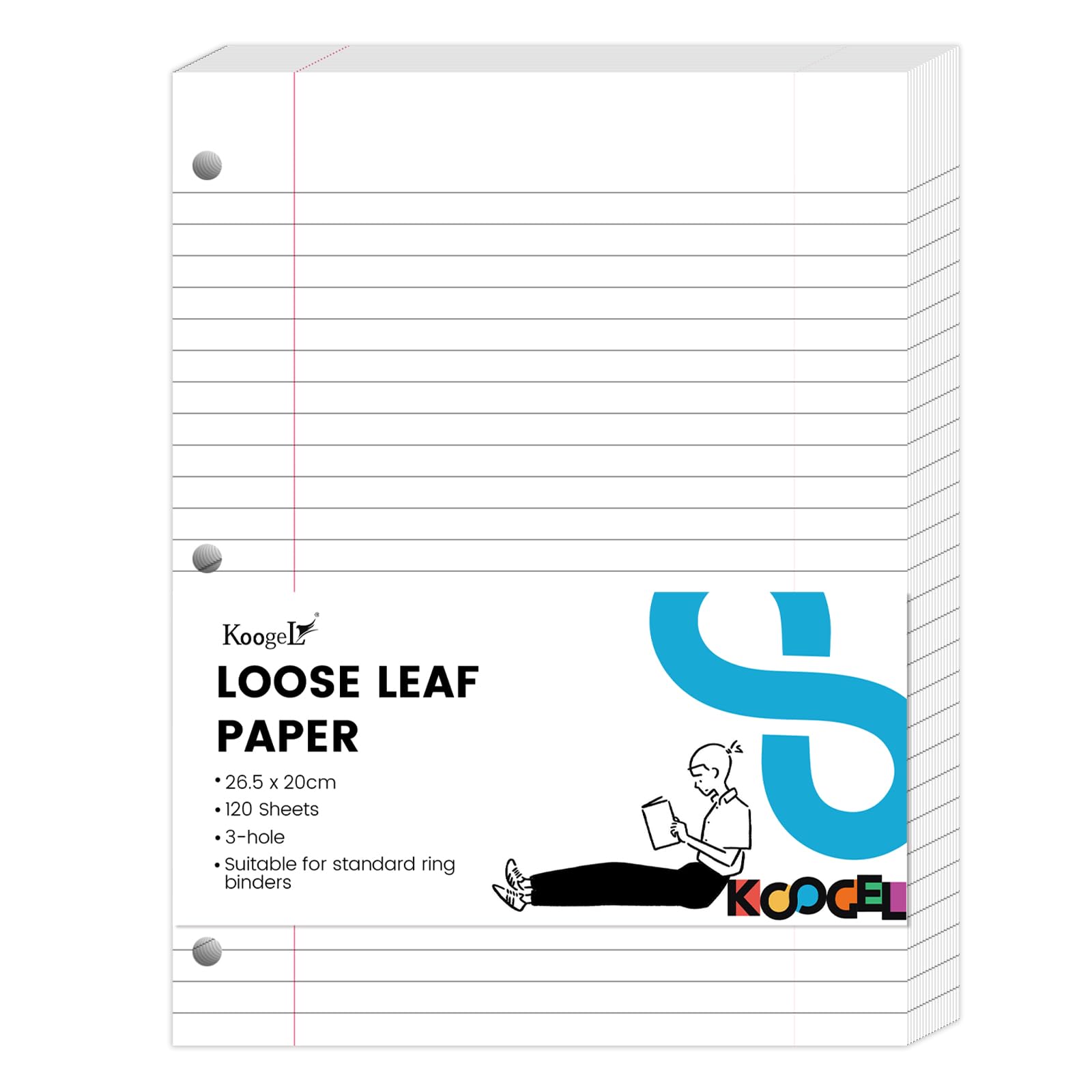 Koogel Cream Lined Binder Refills Paper, 120 Sheets 3-Hole Punched