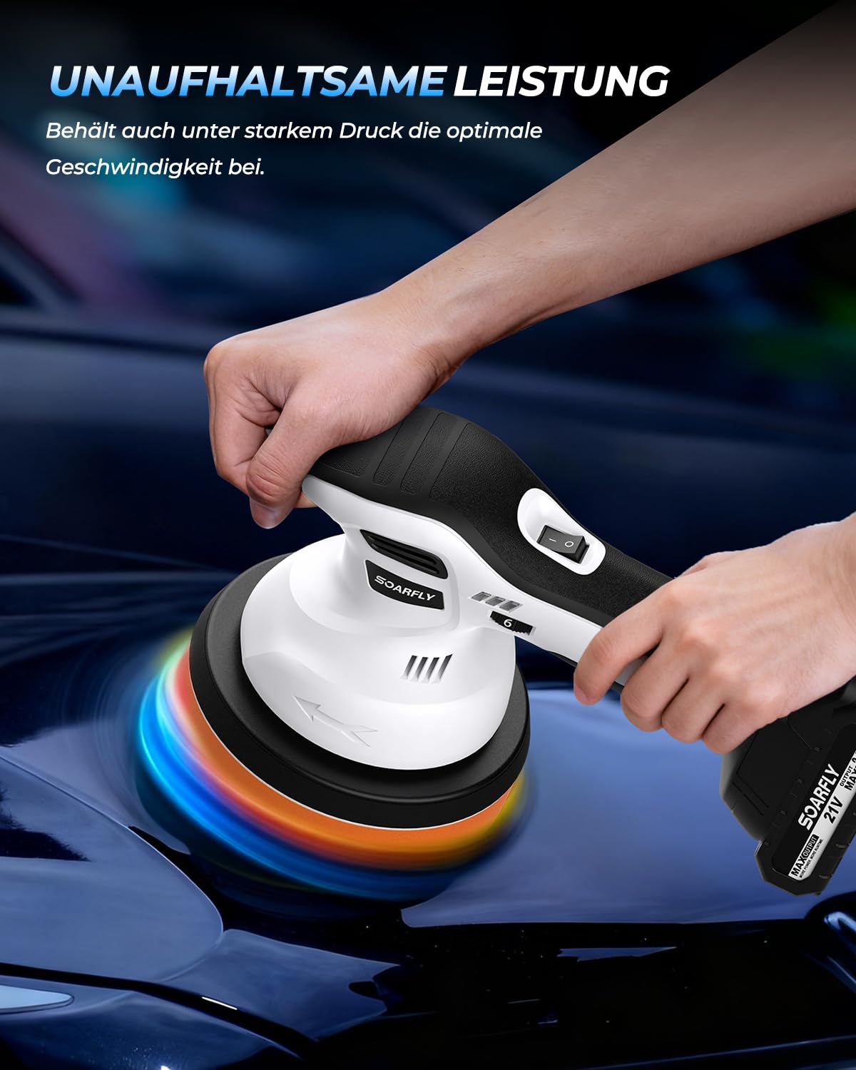 SOARFLY Poliermaschine Auto Akku, Exzenter Poliermaschine Akku mit 2x2.0Ah 21V Batterie, 6 variable Geschwindigkeiten, 3200–6600 U/min, für die Autodetailing, Scheinwerfer Aufbereitung