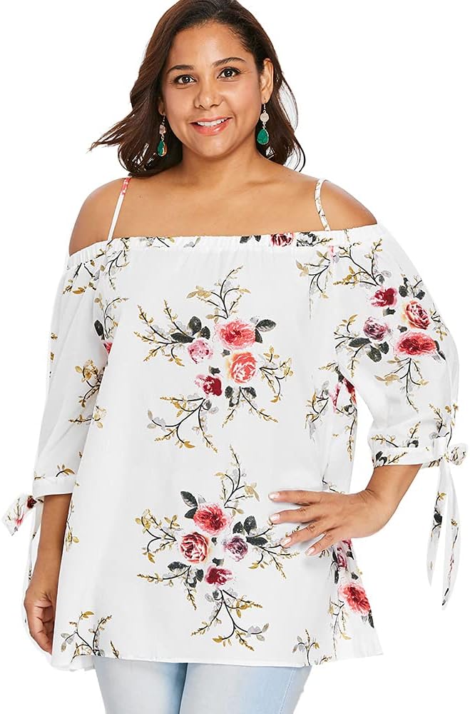 ZAFUL Women's Plus Size Cold Shoulder Tops, 3/4 Sleeve Casual Loose Blouse Tops with Spaghetti Straps Floral Print