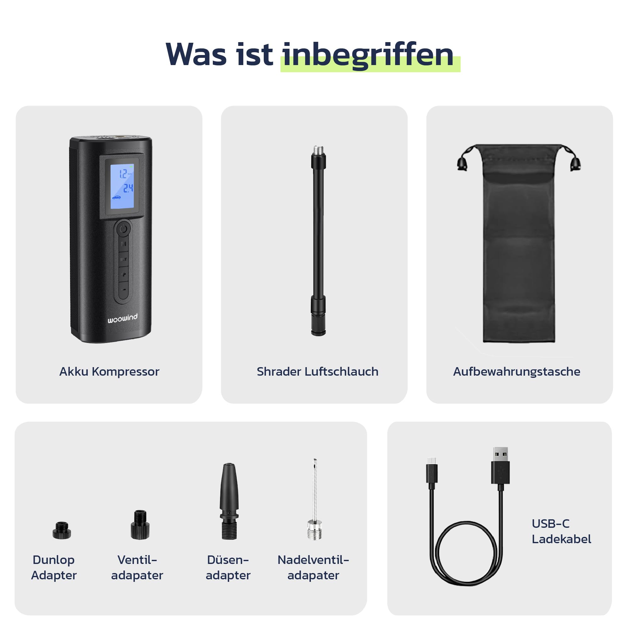 Woowind Akku Kompressor mit Powerbank, Auto Fahrrad Motorrad Bälle | Fahrradpumpe Elektrisch, Akku Kompressor, 2-Minuten-Aufpumpen, LCD-Display, LED-Licht