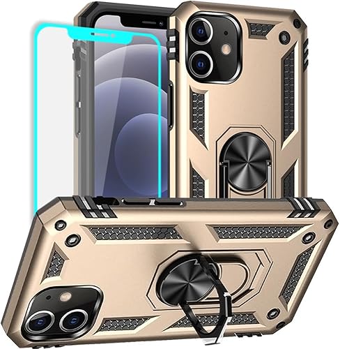 Miniatura 1 de Yiakeng Funda para iPhone 12, iPhone 12 Pro con protector de pantalla, fundas protectoras de grado militar con anillo para iPhone 1212 Pro (dorado)