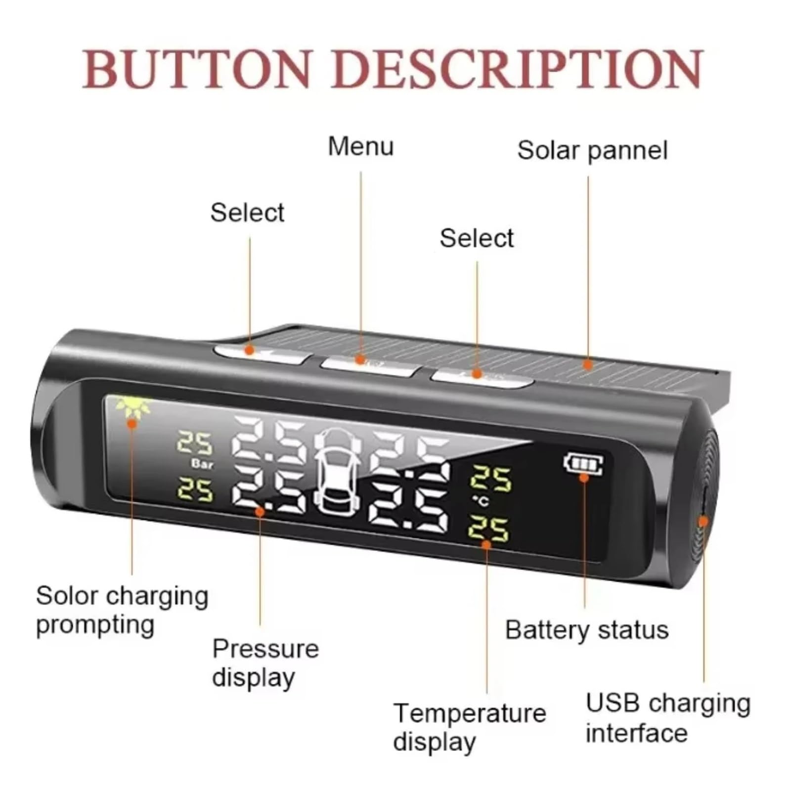 Cyfrowy miernik ciśnienia w oponach Solar Power Tyre Cyfrowy Wyświetlacz LCD Auto Security TPMS Wewnętrzny Czujnik System Monitorowania Ciśnienia w Oponach Dla Samochodów