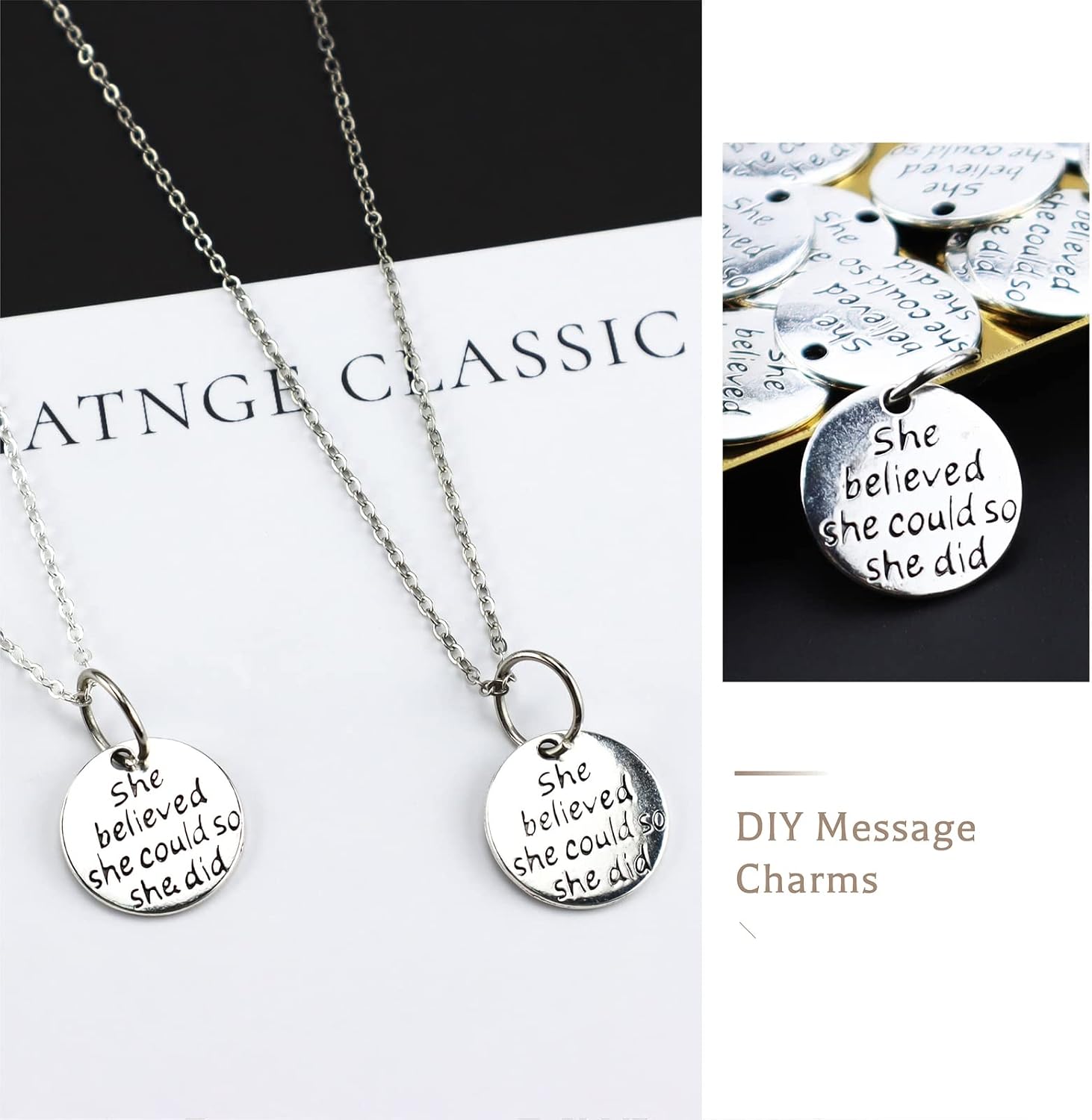 JIALEEY 30pcs Alloy She believed she could so she did DIY Message Charms Pendant for Crafting Bracelet Necklace Jewelry Making Accessory, Antique Silver Round
