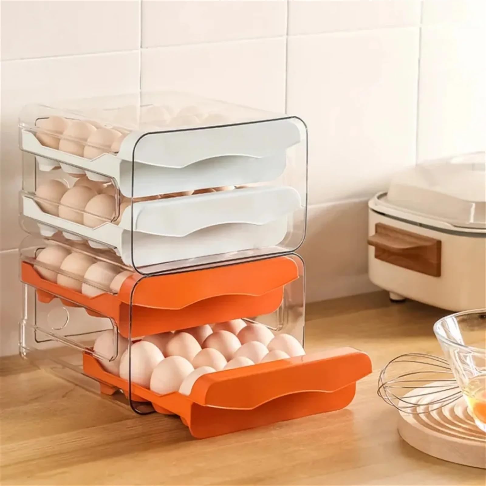 Aufbewahrungsbox for Kücheneier, durchsichtiger Kunststoff-Kühlschrank-Eierhalter, 2-lagiger Schubladentyp, stapelbarer Frischhalte-Organizer-Behälter(Grey)