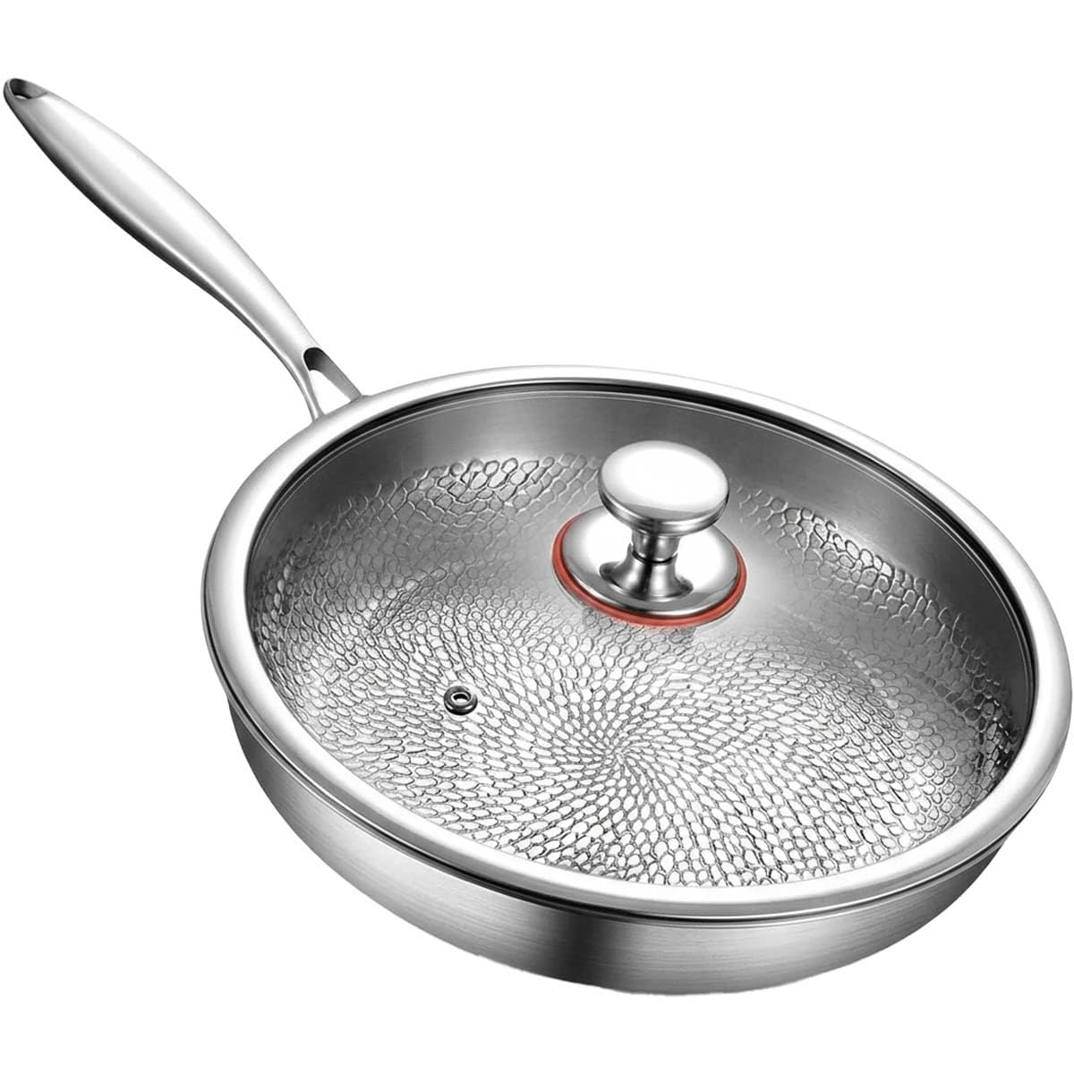 Titan Pfanne 28 cm mit Deckel, Unbeschichtete Titan Bratpfanne mit Gehämmertem Design, Kratzfeste Physikalische Antihaft-Struktur, Frei von PFAS-, PFOA- und PTFE-, Für Induktion & Alle Herdarten