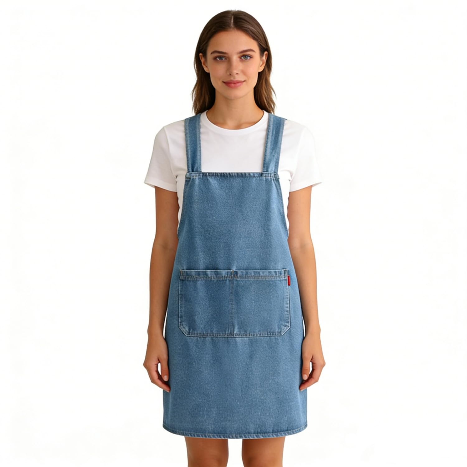 Jour Kitchen Apron, Lightweight No-Tie Slip-On Apron with Front Pockets, Jean Apron for Women Men, Chef Apron No Back Ties, Quick On & Off for Home Garden Kitchen BBQ Restaurant Barber (Light Blue)