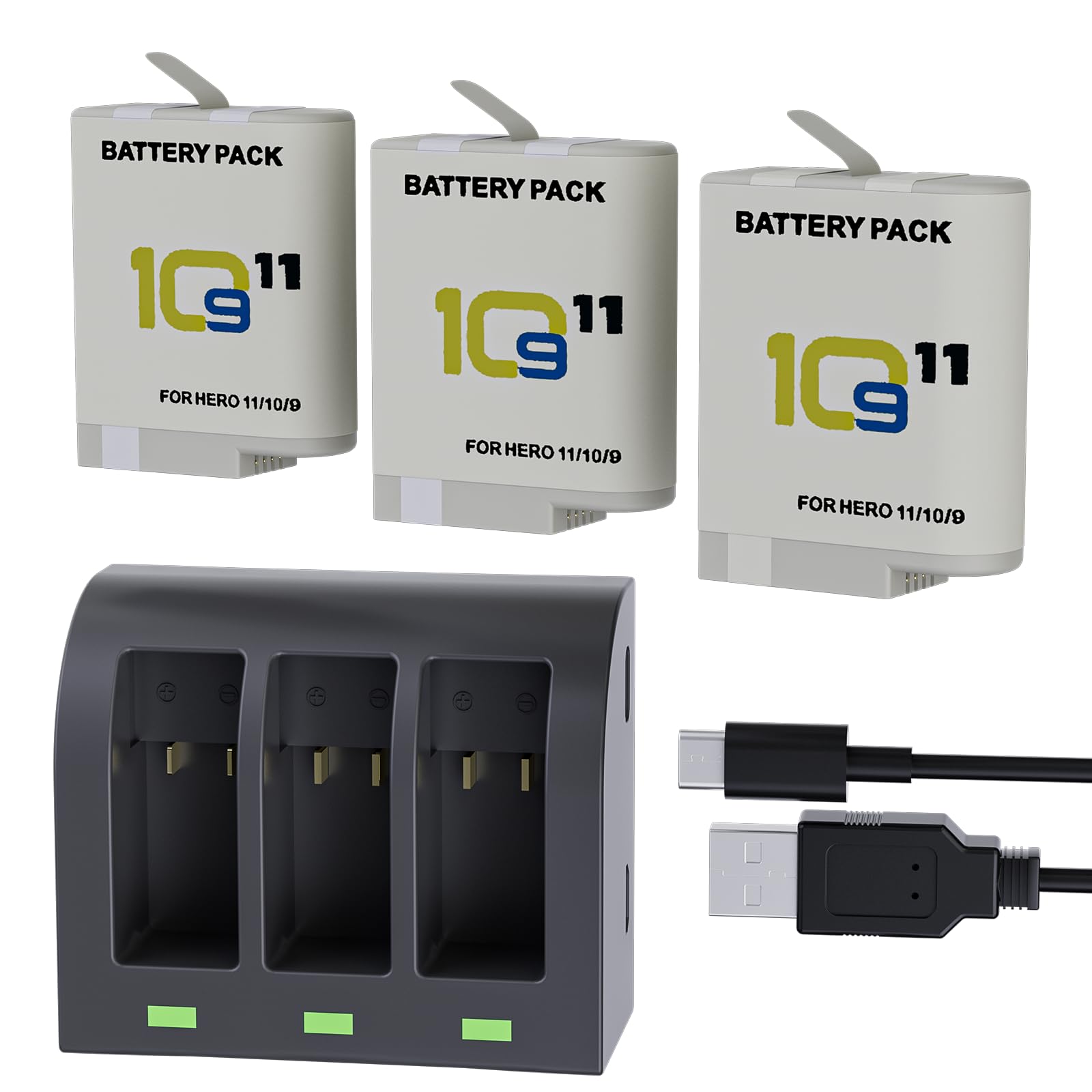 Pack 3 Batteries 2000mAh + Chargeur USB Pour GoPro Hero 9/10/11/12 - Lecteur SD Inclus