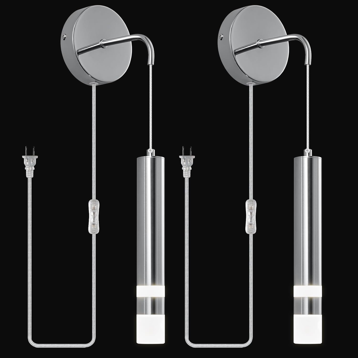 Modern Chrome Wall Sconces Set of Two Indoor Plug in Wall Lamp LED 4000K Neutral White Wall Lights Acrylic Wall Mounted Light with 6FT Plug in Cord Living Room Bathroom Wall Lighting