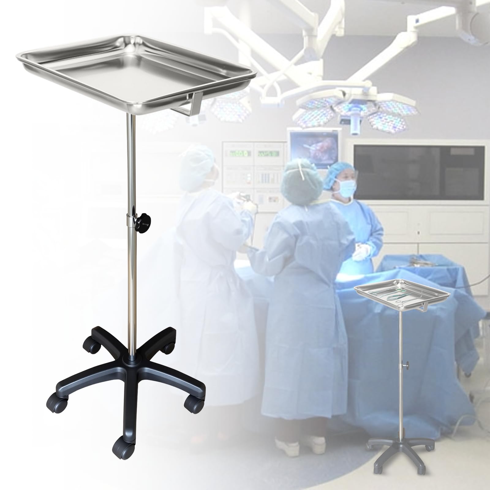 Soporte para instrumental Mayo con base de ABS reforzada, mesa móvil con bandeja y ruedas para clínicas dentales, veterinarias y de mascotas, altura ajustable de 30 a 50, carro de servicio de acero in