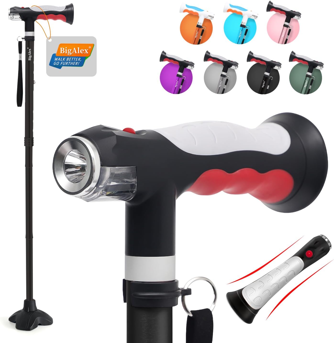 - BigAlex Folding Walking Cane with Two Led Lights for Elderly Solid Base Adjustable Walking Stick with Carrying Bag for Men Women