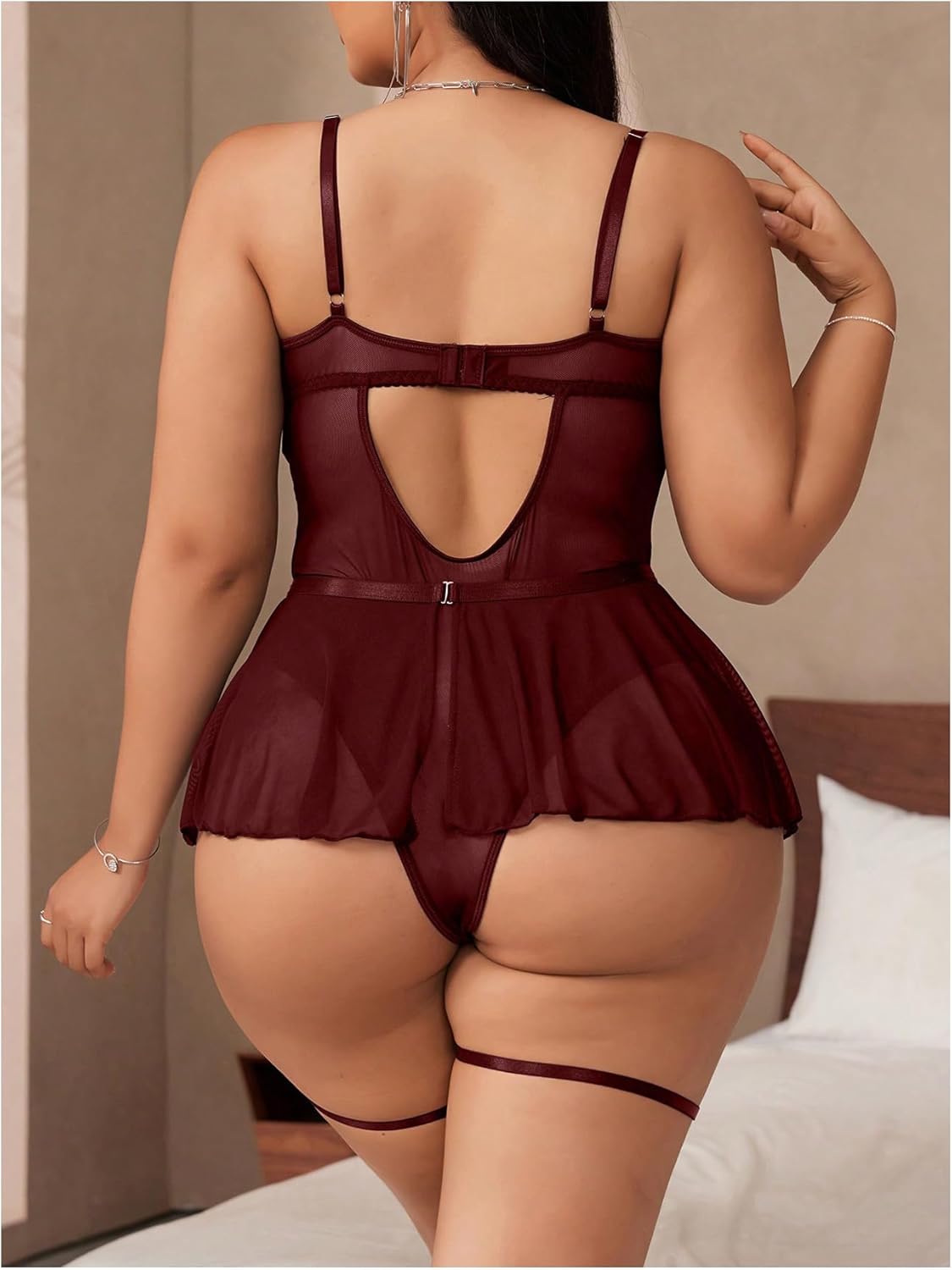 SOLY HUX Women's Plus Size Lingerie Set 4 Piece Lace Underwire Garter Teddy Bodysuit Nightwear