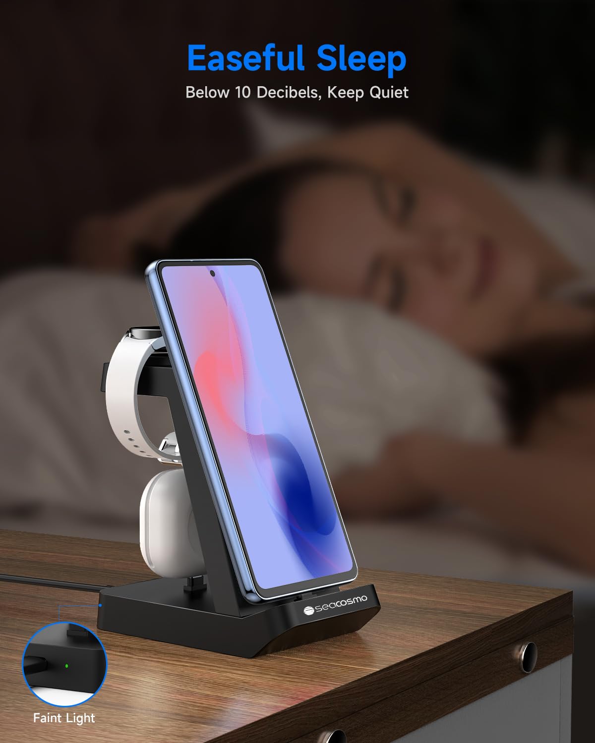 seacosmo 3 en 1 Station Recharge pour Samsung, Chargeur pour A16/A15/A05S/A25/S24 Série, Chargeur sans Fil pour Galaxy Watch 7/6/5 Pro, Support Charge pour Galaxy Buds et Appareils avec Prises Type-C