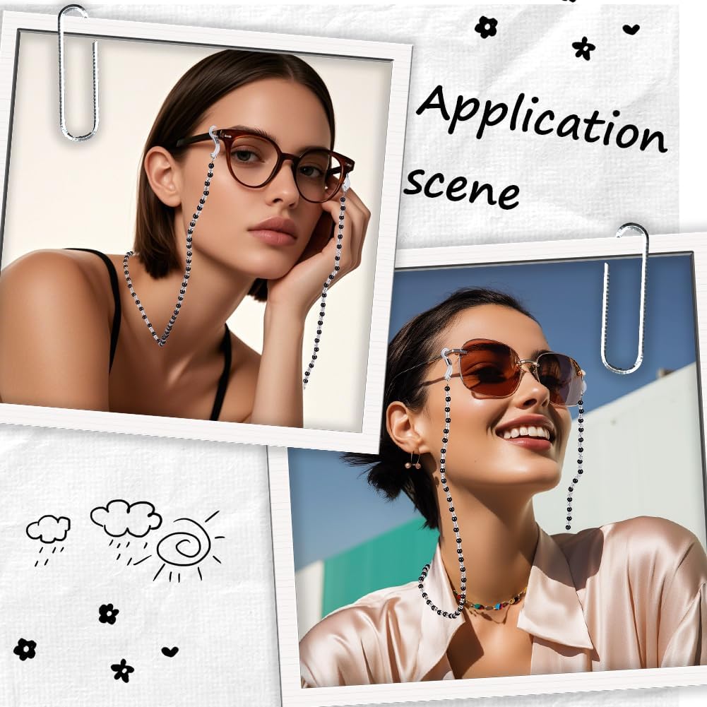 3Pcs 3 Colors Black White Beaded Eye Glasses Chain Plastic pearl Bead Eyeglass Strap Holders Chains Around Neck Cord Bulk for Women Lady Eye Glasses Lanyard Sunglasses Straps Accessories