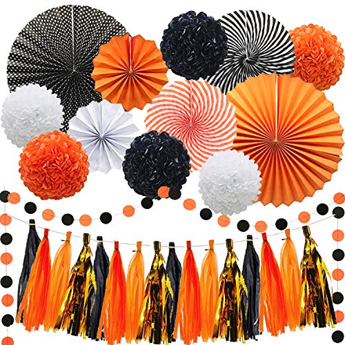 Cmaone 29Pcs Halloween Party Decoration Set, Happy Halloween Party Supplies Orange and Black Paper Fans, Pom Poms Flowers, Circle Dot Garland and Tassel Garlands String, Thanksgiving Home Party Favors