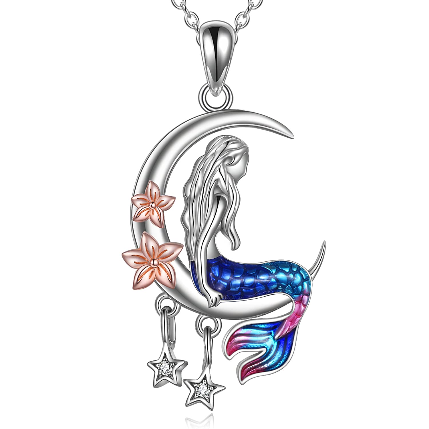 LUHE Mermaid Necklace Jewelry Gifts Sterling Silver Sea Mermaid Crescent Moon and Star Necklace with Flower Pendant Birthday Gifts for Daughter Women