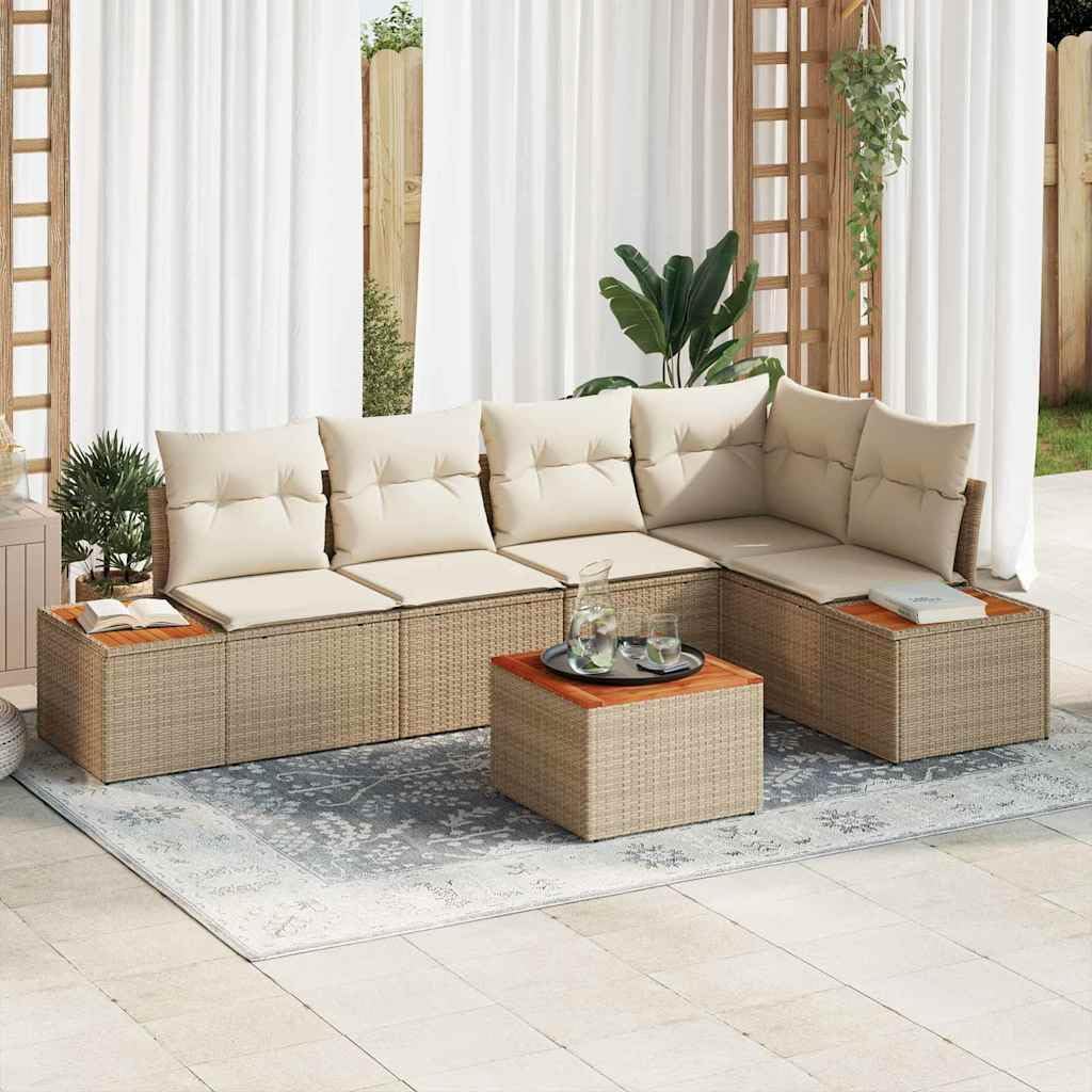 Juego de sofás de jardín de 6 piezas, color beige y crema, 264 x 154 x 85 cm, polirratán, modular, con espacio de almacenamiento, resistente a los rayos UV, para terraza, balcón, jardín