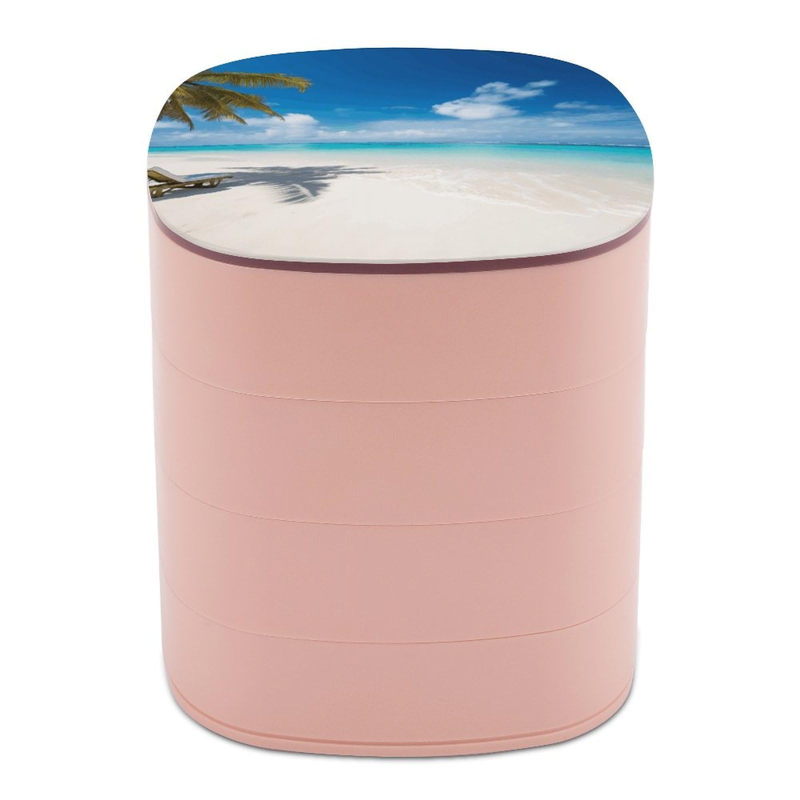 FekiLoot Rotating White Beach Tropical Sea Jewelry Box Large Capacity Jewelry Organizer with Mirror 4 Tier Hoop Ring And Earring Holder With Lid Small Travel Jewelry Case for Women