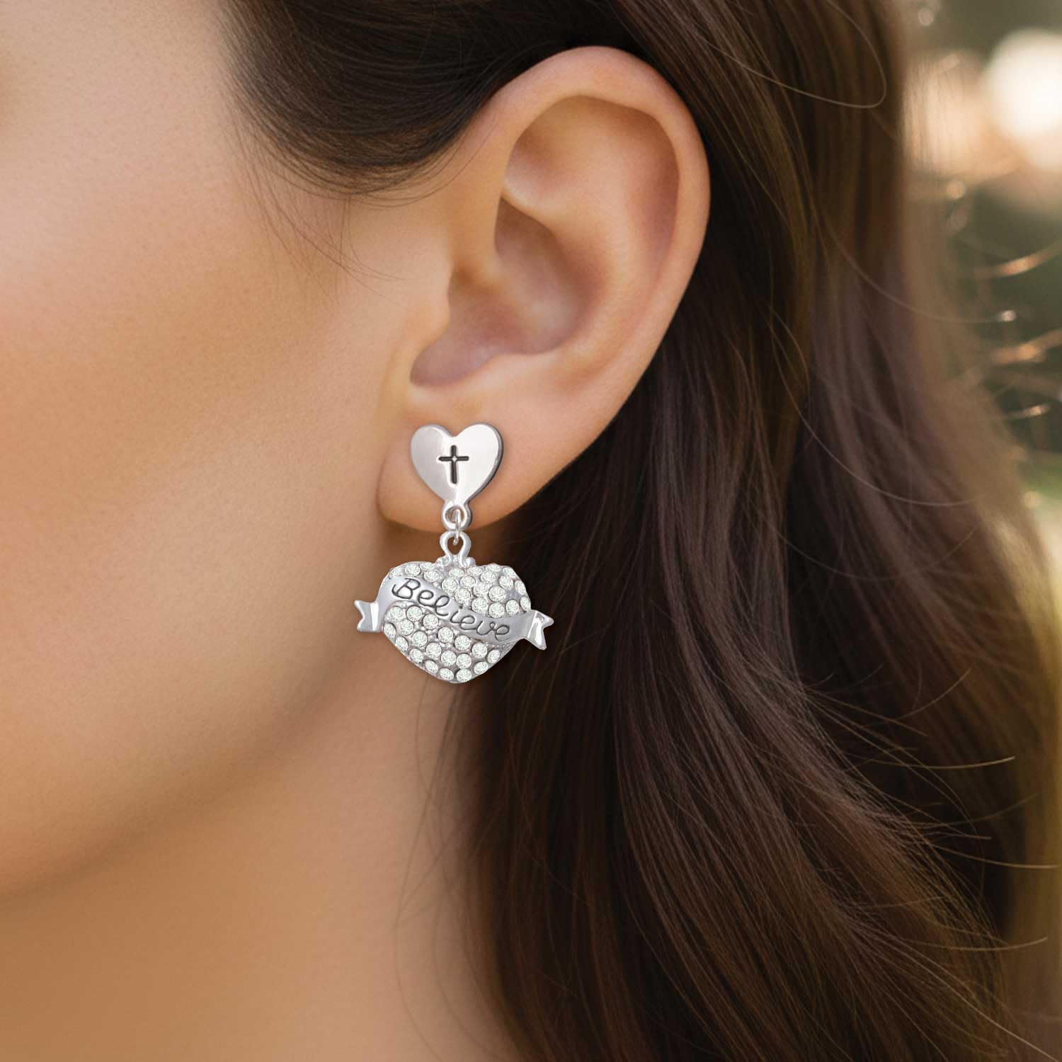 Delight Jewelry Silvertone Believe Banner on Crystal Heart Cross in Heart Post Dangle Earrings