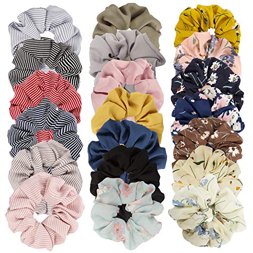 Cubaco 20 Pack Hair Scrunchies for Womens Flower Hair Ties Elastic Hair Bands Hair Ties,Chiffon Flower,Stripe and Solid Colors Hair Scrunchie