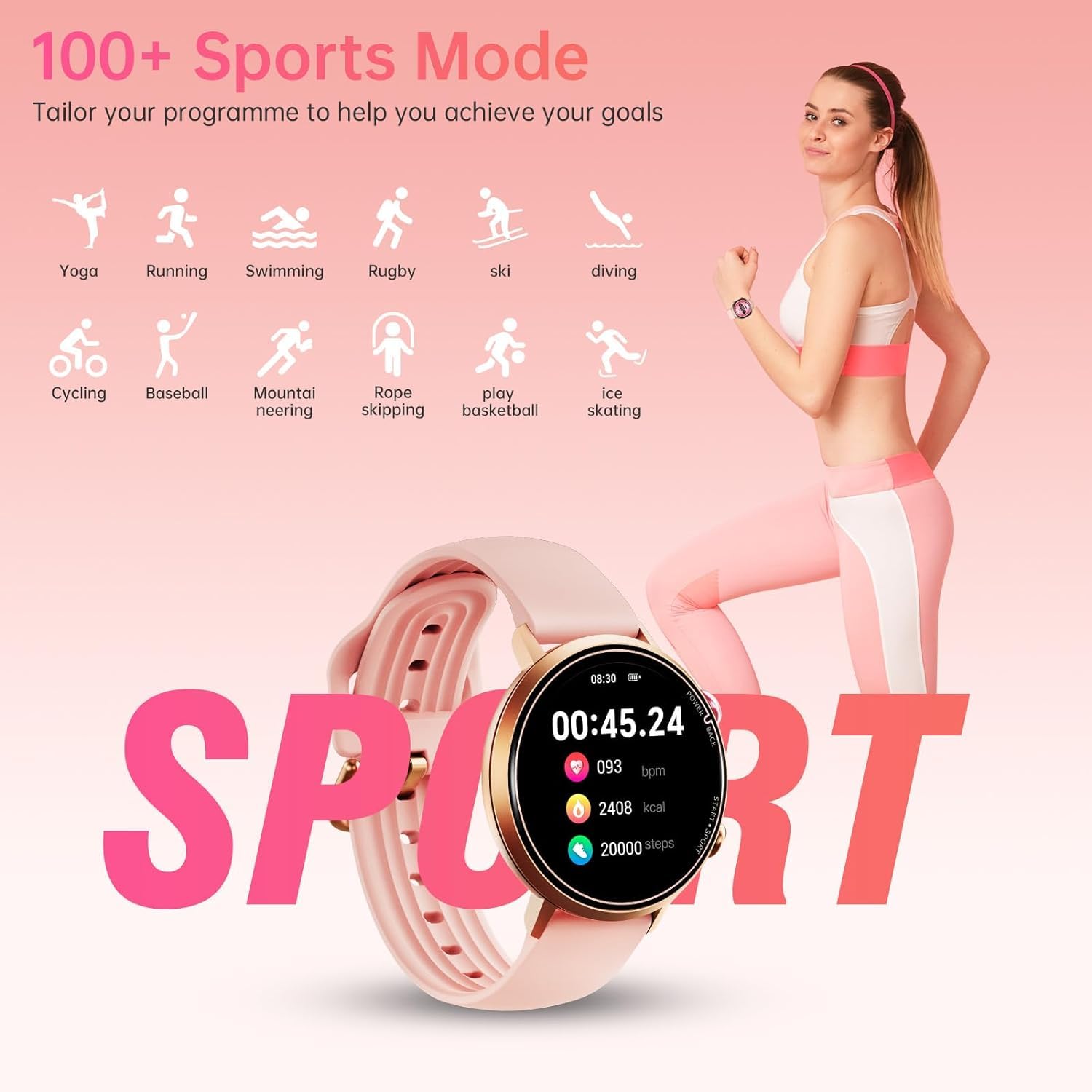 OBA OUKITEL BT60 Montre de Fitness pour Femme, écran 1,32", Moniteur Cardio, étanche 5 ATM, Suivi d'activité, Rose, Rose, M-L