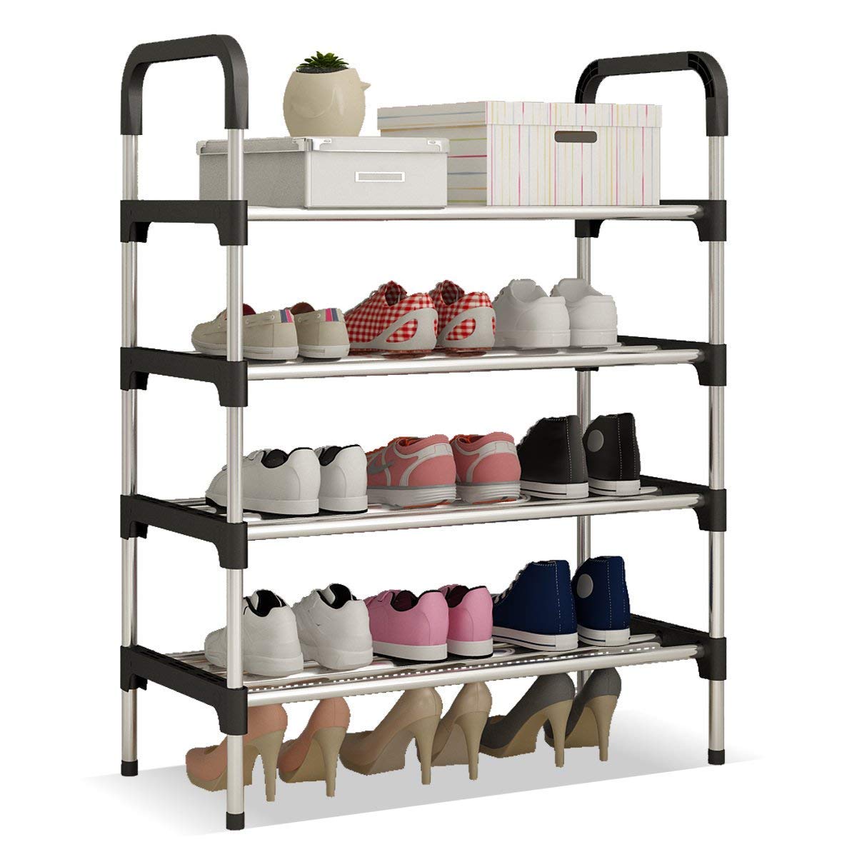 Organizador de zapatos de 4 niveles para puerta – Solución de almacenamiento compacta de metal para pasillo y sala de estar, 60 x 30 x 95 cm, elegante diseño negro, almacenamiento que ahorra espacio