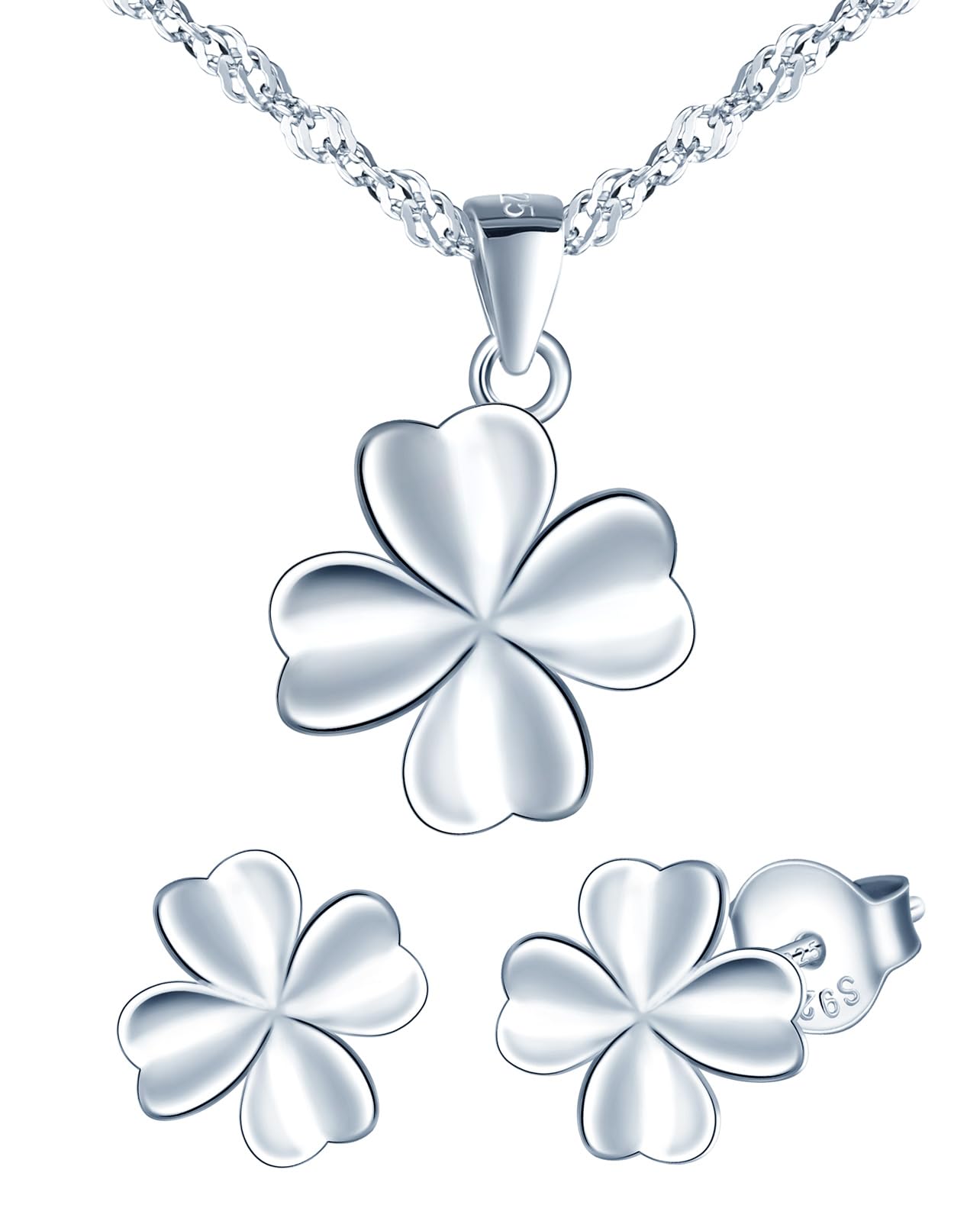 Pendientes y Collar de Trébol de Plata de Ley 925 para Mujer Niña, Conjuntos de Joyas de Trébol de Cuatro Hojas, Collar con Colgante y Pendientes de Trébol, Elegante de joyas plata