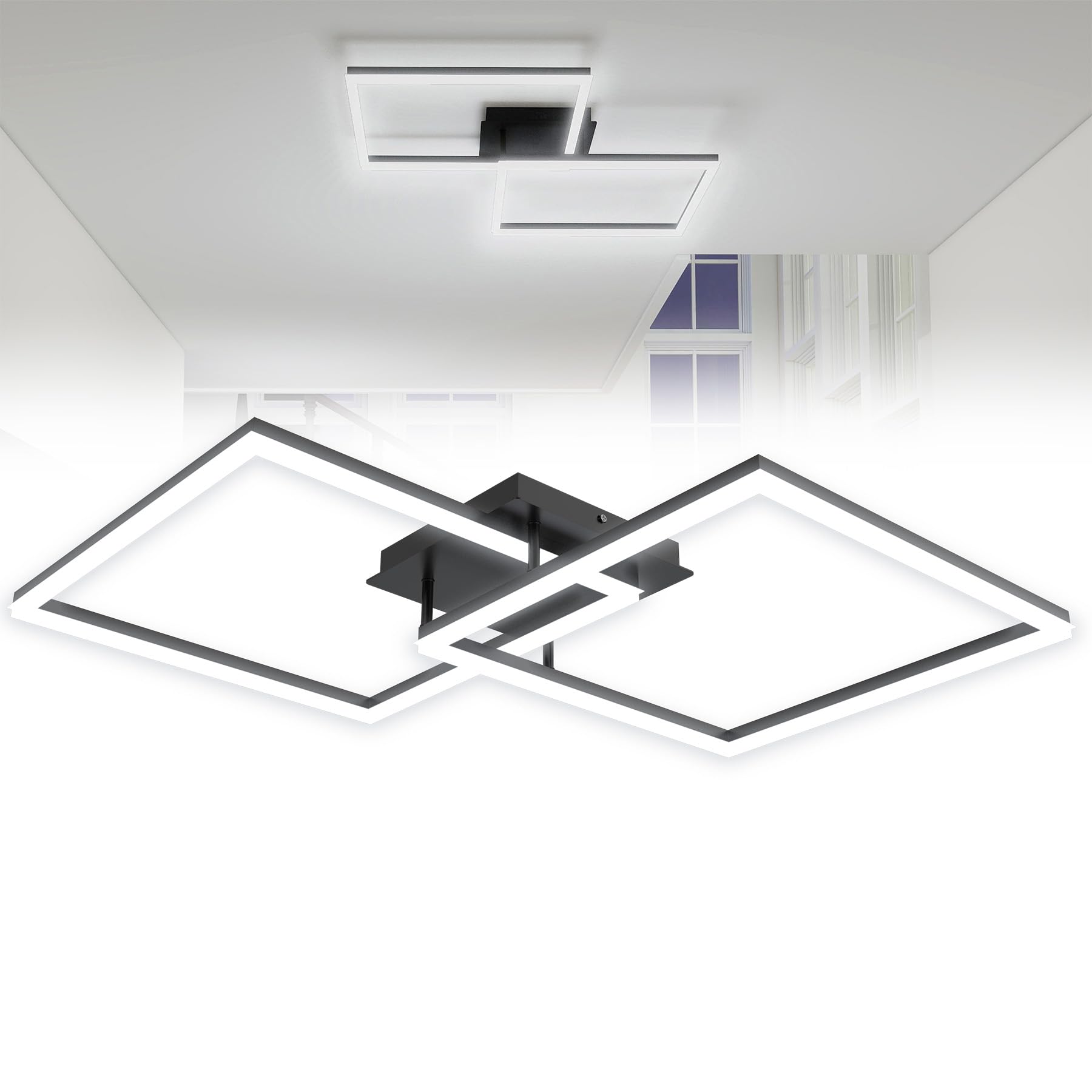 Froadp Moderne LED Deckenleuchte 60W Schwarz, 40cm Quadratische Deckenlampe, Wohnzimmerlampe 6000-6500K, IP44 Deckenbeleuchtung Energiesparend für Schlafzimmer Küche Büro, Kaltweiß