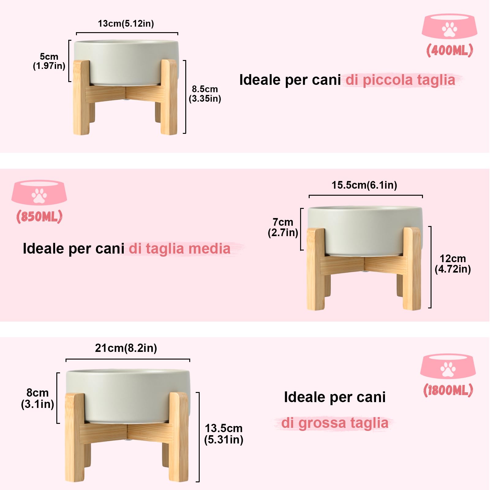 SPUNKYJUNKY Set di ciotole per cani rialzate in ceramica con supporto in bambù per cani e gatti (850 ml, grigio)