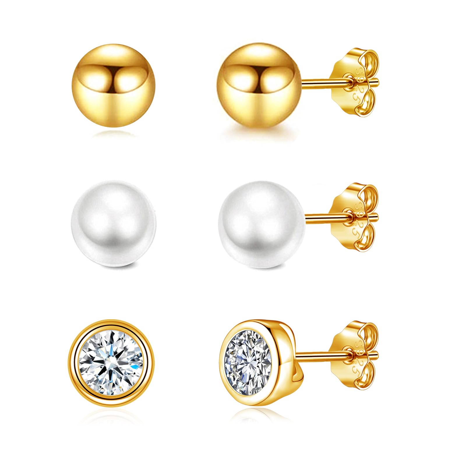 Josfeva Silber Ohrstecker Ohrringe für Damen, 3 Paare 925 Sterling Silber Ohrstecker Ohrringe Set, 4mm Kugel/Weiße Perlenohrstecker/Ohrstecker mit Zirkonia, Hypoallergene Knorpel Schlafen Ohrringe Set