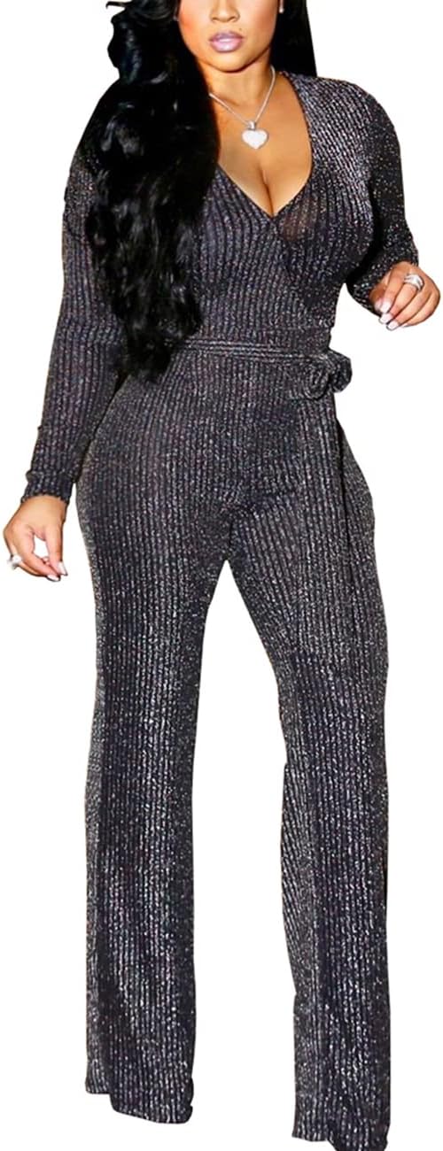 JTNFairy Sexy Sequin Jumpsuits for Women Plus Size Elegant Clubwear Sparkly High Waisted Wide Leg Pant Disco Outfits - Image 2