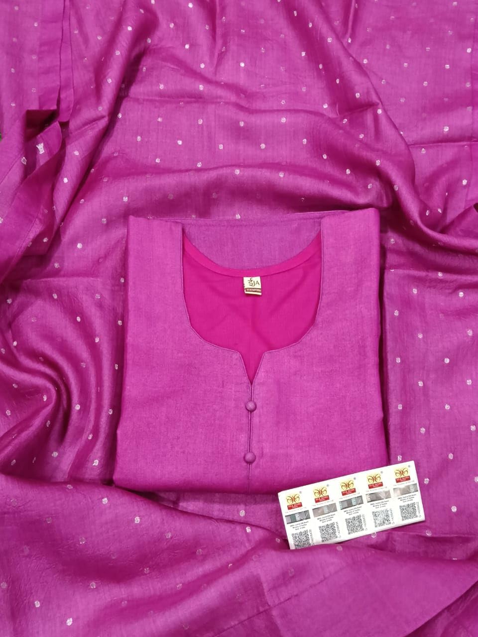 Ija Silk Emporium Pure Tussar Silk Suit Set, Pink, Semi-Stitched, Round Neck, with Dupatta, Handwoven Indian Ethnic Wear