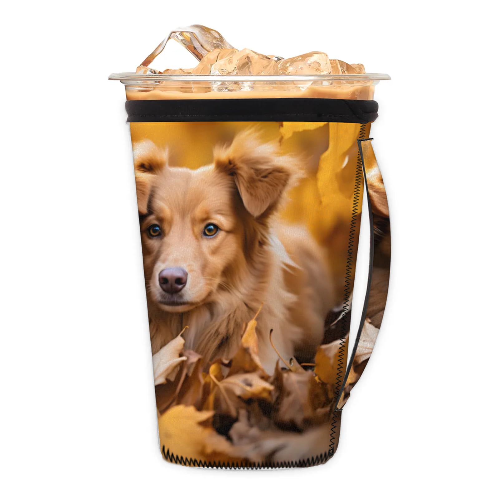 Deciduous Dogs Reusable Neoprene Coffee Sleeve with Handle Insulated Iced Coffee Cup Holder Reduces Condensation Fits 24-28 oz Cups M