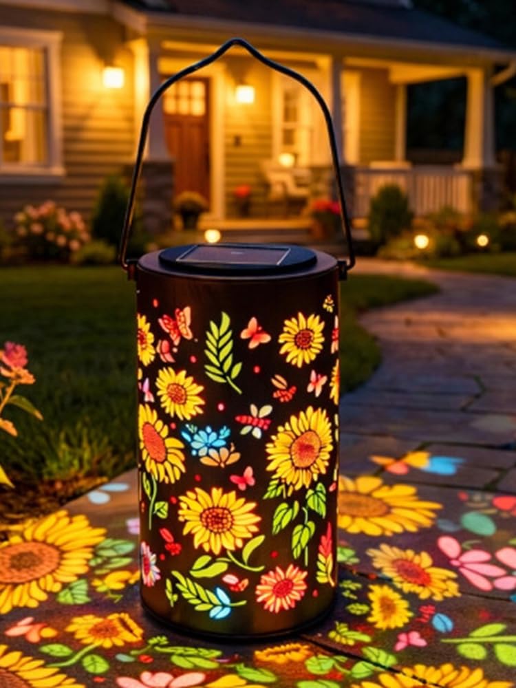 Ehoter Colorful Sunflower Glow Solar Garden Lantern Hanging Sunflower Solar Lanterns With Color Projection Waterproof Metal Lanterns Decorative For Yard Patio Porch Garden (Colorful)