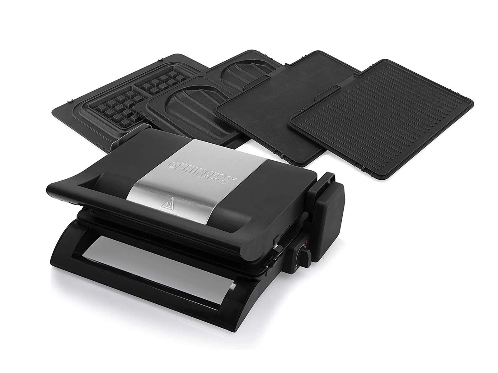 Griglia elettrica a contatto, piastra per waffle e panini 4 in 1, piastre intercambiabili, 31,5 x 21,5 cm, con pinza per barbecue
