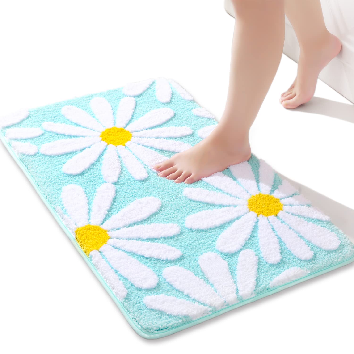 QJHOMO Green Bathroom Rug Cute Daisy Bath Mat White and Yellow Flower Decor Rugs Non Slip Floor Carpet Microfiber Bathmat Super Absorbent Machine Washable Bathtub Mats for Shower (16x24 inch)